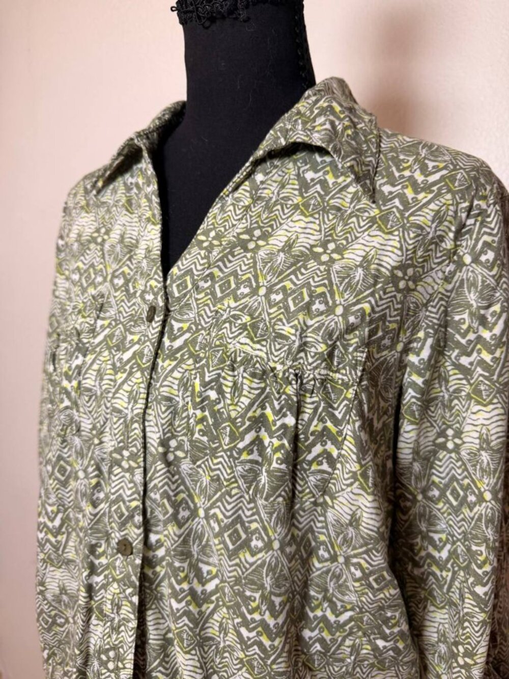Erika Olive Green Boho Geometric Print Button Up Blouse Earthy Safari Style PL - Picture 2 of 7